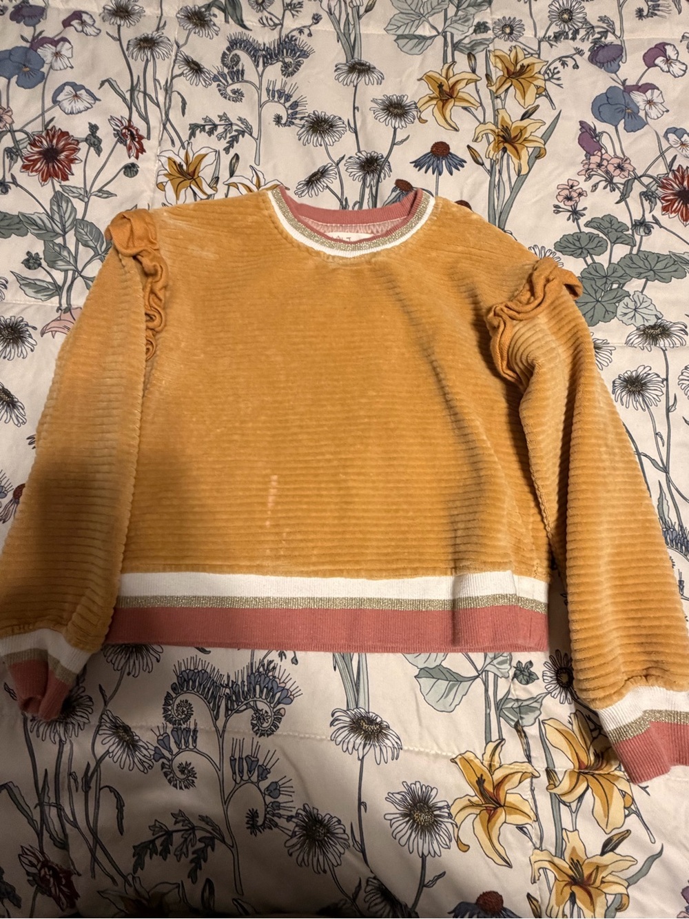 Matilda Jane Mustard Ribbed Crew Sweater with Cream & Rose Trim